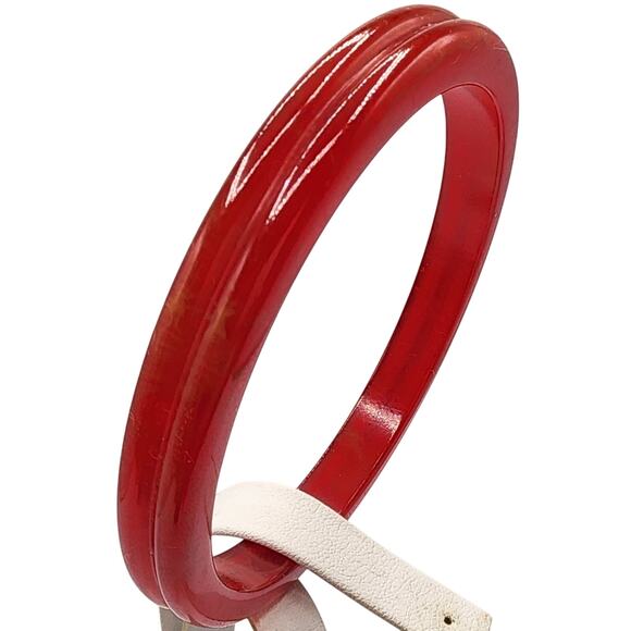 Vintage Bakelite Bangle Cherry Red Ribbed Edge Simichrome Tested 7.75" Bracelet - Picture 1 of 8